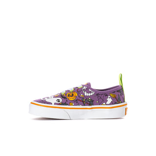 Kids purple Halloween sneakers, angled view with character graphics and white rubber sole