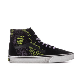 Black high-top sneakers with neon green graphic skull and spiderweb, lace-up