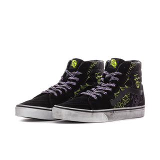 Pair of black high-top sneakers with neon green straps and purple spiderweb print