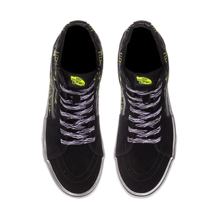 Black high-top sneakers with neon green lining, purple lace pattern, padded collar