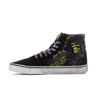 Black high-top sneakers with neon green skeleton graphic and purple web overlay