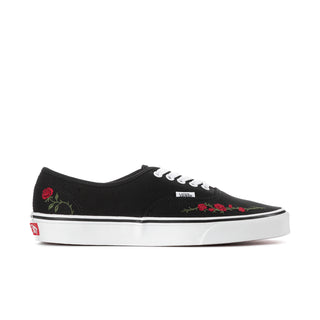 Men's black canvas sneakers with rose embroidery, white laces and rubber sole