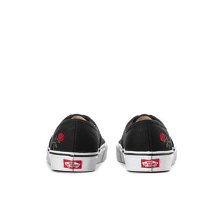 Men's black canvas sneakers rear view with rose embroidery and heel tab branding