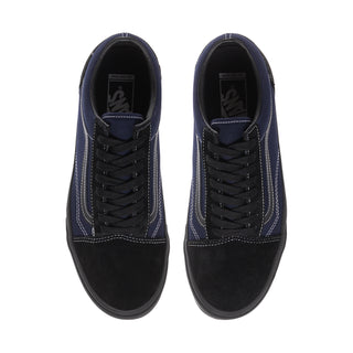 Pair of men's lace-up sneakers with black uppers and navy side trim