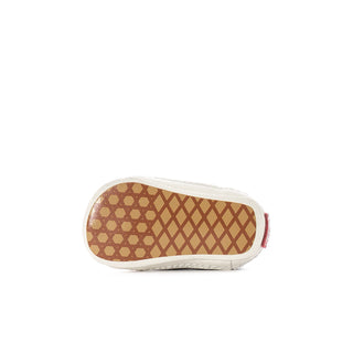 Infant shoe outsole with brown tread and white midsole