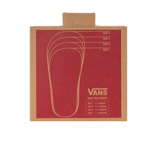 Vans infant crib shoes box with red and brown design and sizing chart