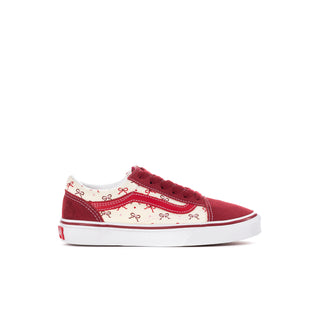 Kids' Old Skool V sneaker in burgundy and white with a bow print and hook-and-loop strap
