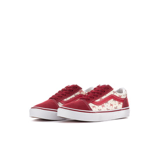 Pair of burgundy and white kids' Old Skool V sneakers with bow print and hook-and-loop straps