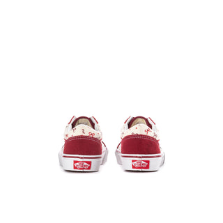 Rear view of kids' Old Skool V sneakers with burgundy heels and white soles