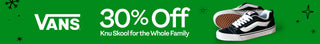 Vans promotional banner with 30% off discount on a green background