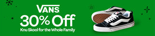 Vans advertisement with 30% off and a pair of sneakers on a green background