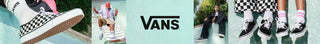 Vans footwear campaign featuring two models — one seated poolside in checkered Vans slip-ons and a fish mask, another relaxing on a ledge in black Vans Old Skools — with the Vans logo centered on a mint green background