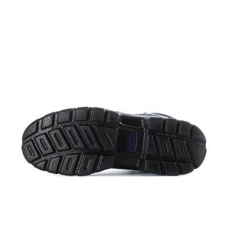 Men's black waterproof work boot outsole with deep tread and blue midfoot accent