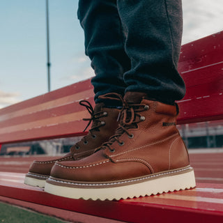 Brown moc-toe 6-inch lace-up work boot with white sole