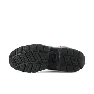 Men's brown steel-toe work boot outsole with deep lug tread for traction