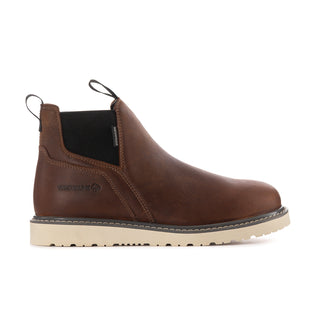 Men's dark brown leather-look wedge Chelsea boots with black side elastic and pull tabs