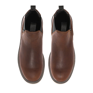 Pair of men's dark brown Chelsea boots, showing black interior and elastic side gore
