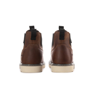 Men's dark brown wedge Chelsea boots, heel view, with black back pull tabs