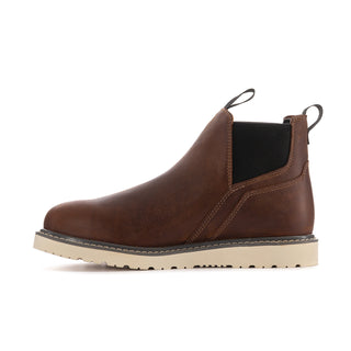 Men's dark brown wedge Chelsea boots, front-side view, black elastic gore and loop tabs