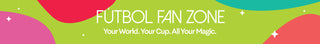 Promotional banner for a futbol fan zone with colorful text and abstract shapes.