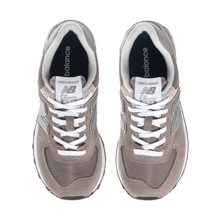 Women’s New Balance 574 sneakers, grey suede uppers with white laces and “N” logo