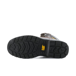 Men's wide work boot outsole with rugged tread and CAT logo on black rubber sole.