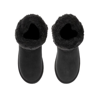 Youth black wrap boots showing open tops and fuzzy faux-fur collars