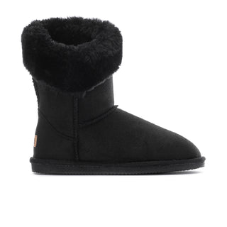 Black women's wrap boot with fuzzy cuff and slip-on design