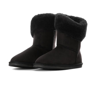 Black wrap boots with tall faux-fur cuffs and flat rubber sole