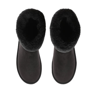 Black wrap boots with open tops, showing plush lining and rounded toe