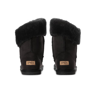 Black wrap boots heel view with APRES label and textured outsole