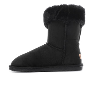 Black wrap boot with faux-fur cuff and stitched seam