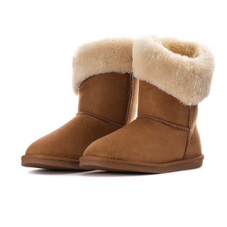 Chestnut wrap boot with cream faux-fur trim and low-profile outsole.