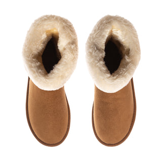 Pair of chestnut suede wrap boots with cream shearling-style collars.