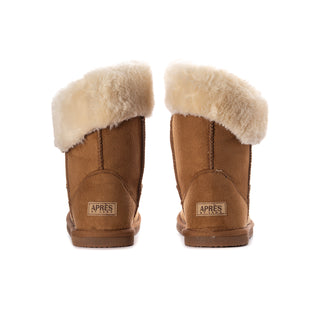 Back view of chestnut wrap boots with cream faux-fur lining and heel tabs.
