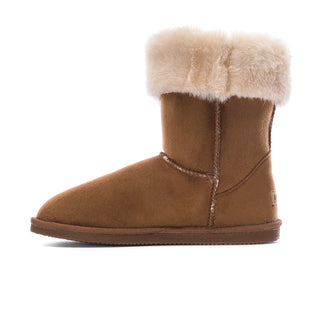 Chestnut suede wrap boot with cream faux-fur collar and stitched front panel.