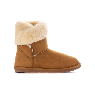 Chestnut youth wrap boot with cream faux-fur cuff and stitched seams