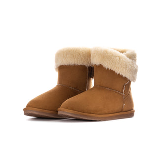 Chestnut youth wrap boots with cream faux-fur lining and low rubber sole