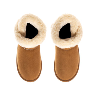 Pair of chestnut youth wrap boots with black opening and cream faux-fur trim