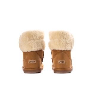 Chestnut youth wrap boots with cream faux-fur cuff and heel pull tag