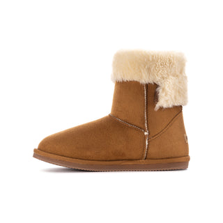 Chestnut youth wrap boot with cream faux-fur cuff, stitched wrap panel, and seam