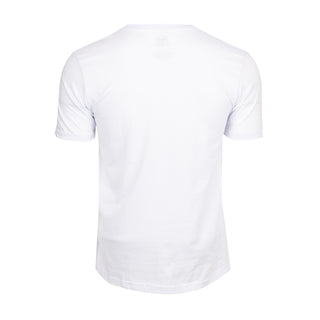 Men's white crew-neck tee, back view, short sleeves