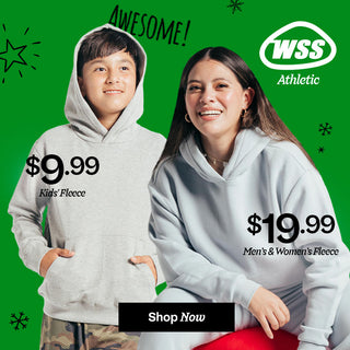 Two people wearing gray hoodies with pricing and WSS Athletic branding on a green background.