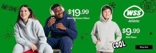 Promotional banner for WSS Athletic clothing with people wearing hoodies and text on a green background