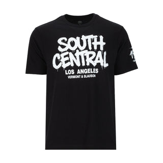 Men's black graphic T-shirt, front print with South Central text and lines