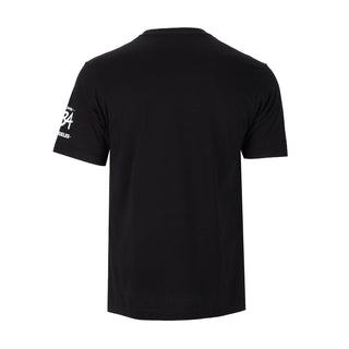 Men's black T-shirt, back view with small left sleeve graphic