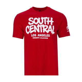 Men's red crewneck tee with South Central white front graphic