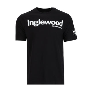 Men's black T-shirt with white front text graphic and crew neck