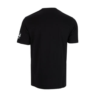 Men's black T-shirt, back view, small sleeve logo print