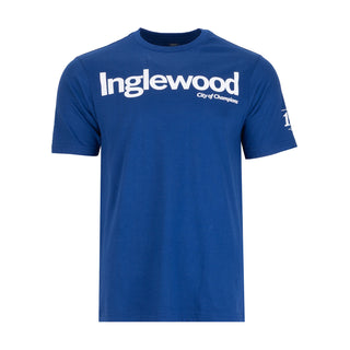 Men's royal blue crew-neck graphic T-shirt with white front logo and short sleeves
